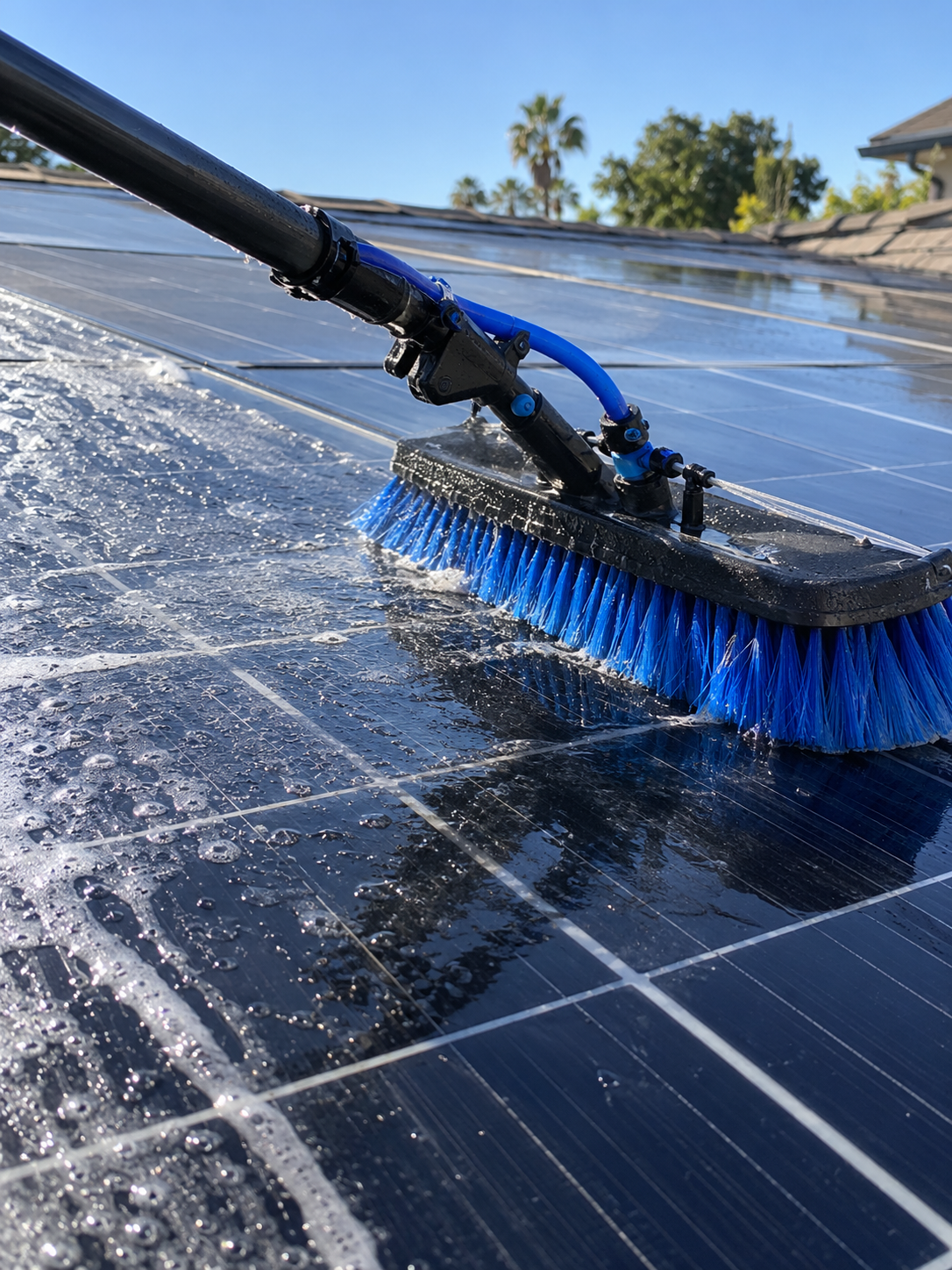 A blue and black solar panel cleaning tool with brushes washing solar panels under a clear sky, with palm trees and rooftops in the background.
