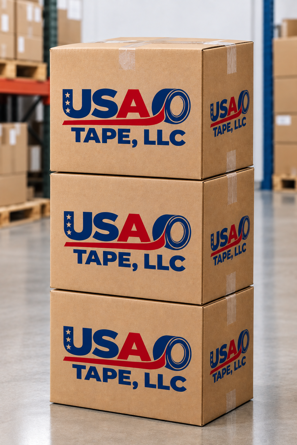 stacked boxes with USA Tape LLC Branding