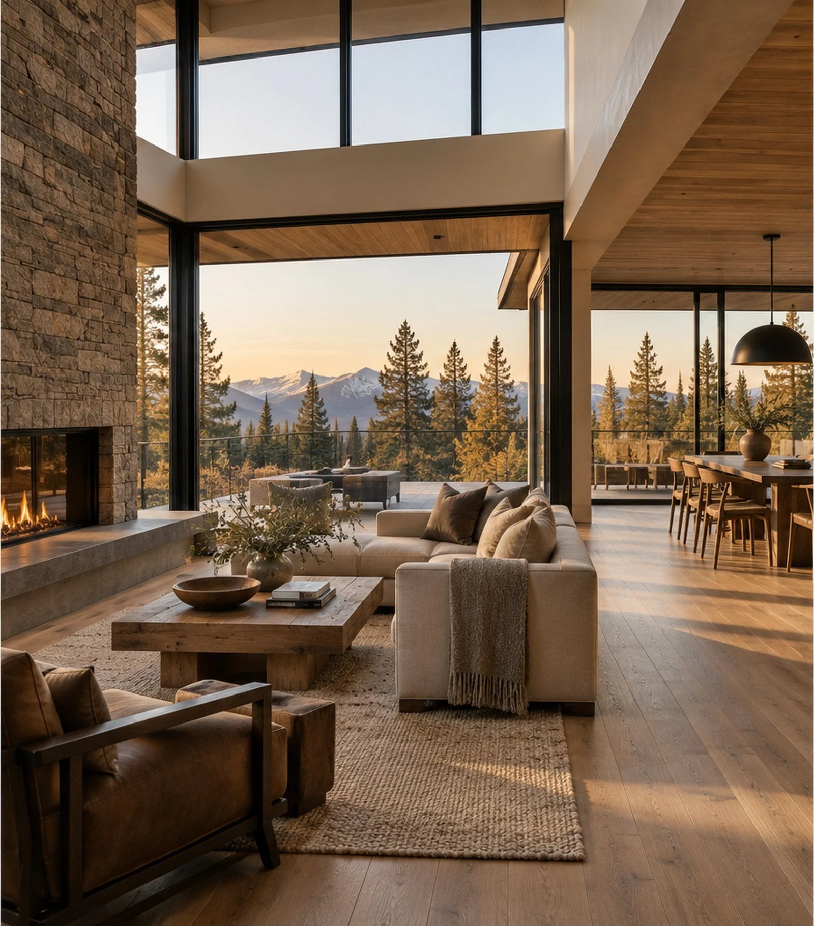 Open-concept living room and dining area with large windows showing mountain and forest view, modern furniture, stone fireplace, wooden ceilings and floors, and a dining table with chairs.