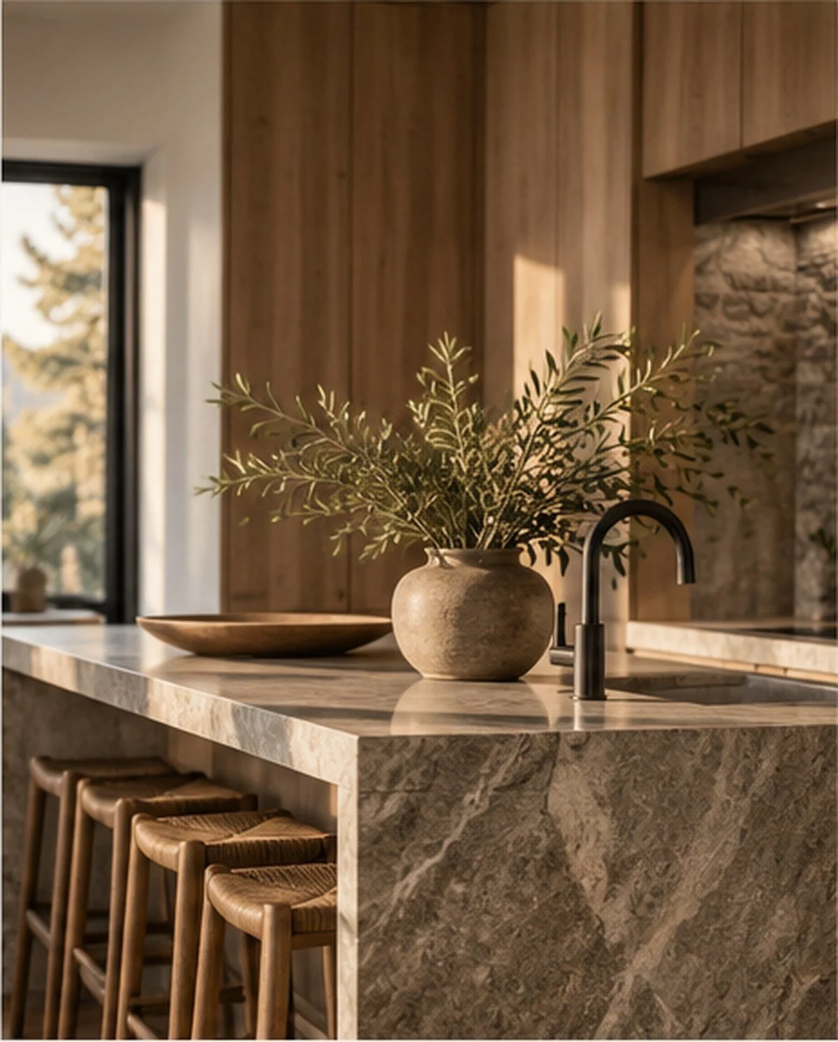 Interior of a modern kitchen with a marble island countertop, a black faucet, a beige vase with greenery, wooden cabinets, a window showing trees outside, and bar stools underneath the island.