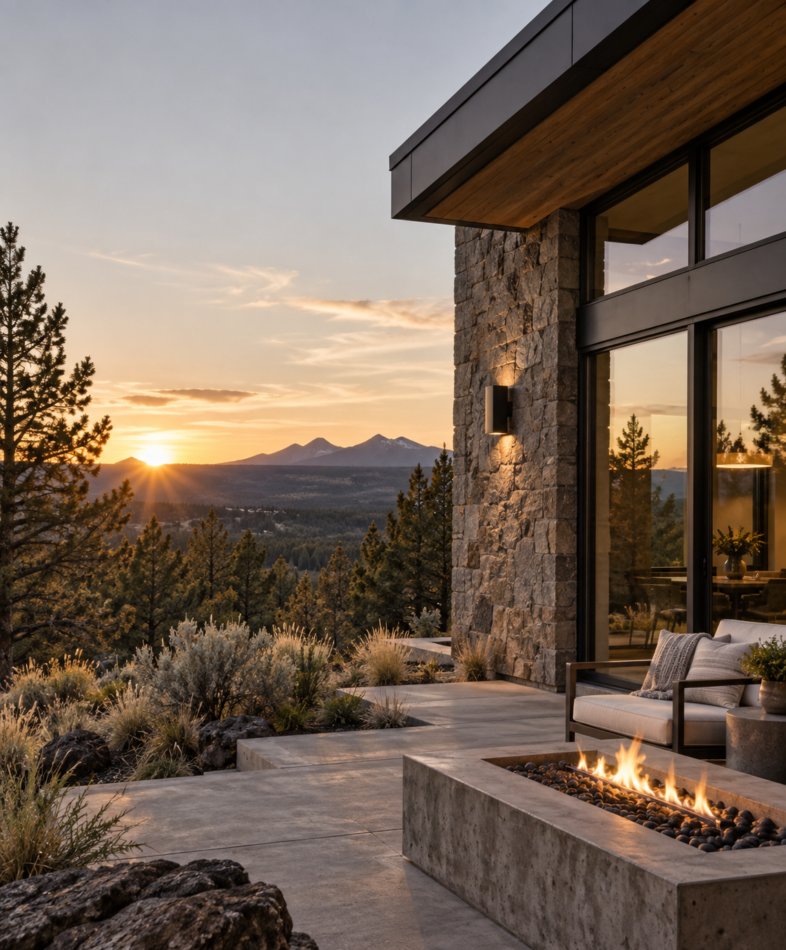 Modern house exterior with large glass windows, stone wall, and outdoor seating area with a fire feature overlooking a sunset over mountains and a forest.