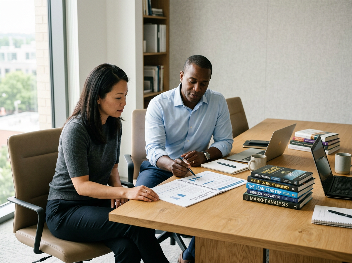Two professionals, a woman and a man, reviewing documents at a conference table in an office with books, laptops, and coffee mugs.