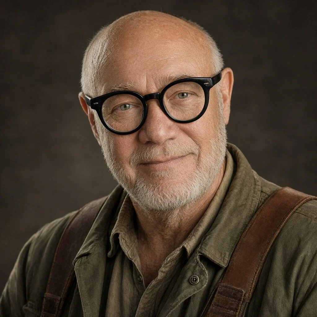 Close-up portrait of an elderly man with glasses, a beard, and short hair, wearing a greenish shirt with a leather strap across his shoulder, smiling gently against a dark background.