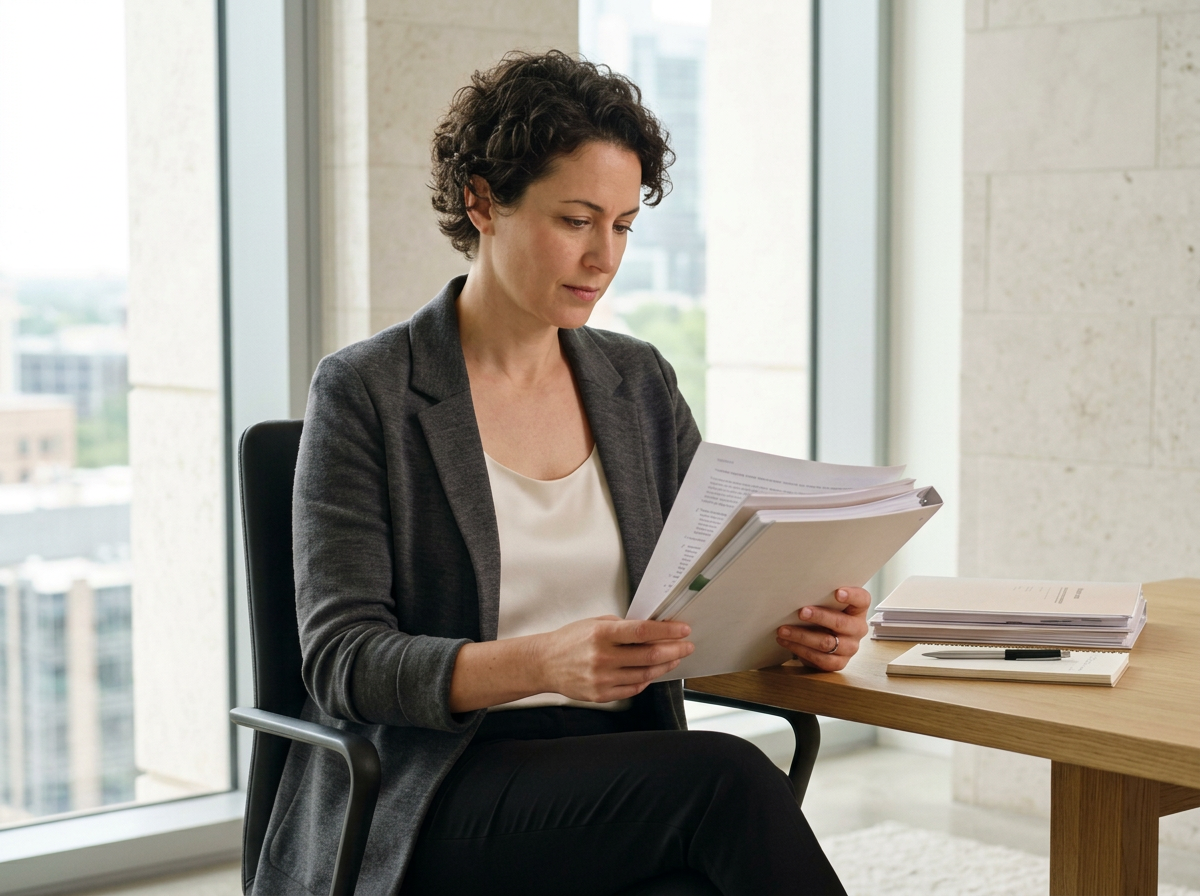 A woman in business attire sitting at a desk in a modern office, reading documents with a city view through large windows behind her.