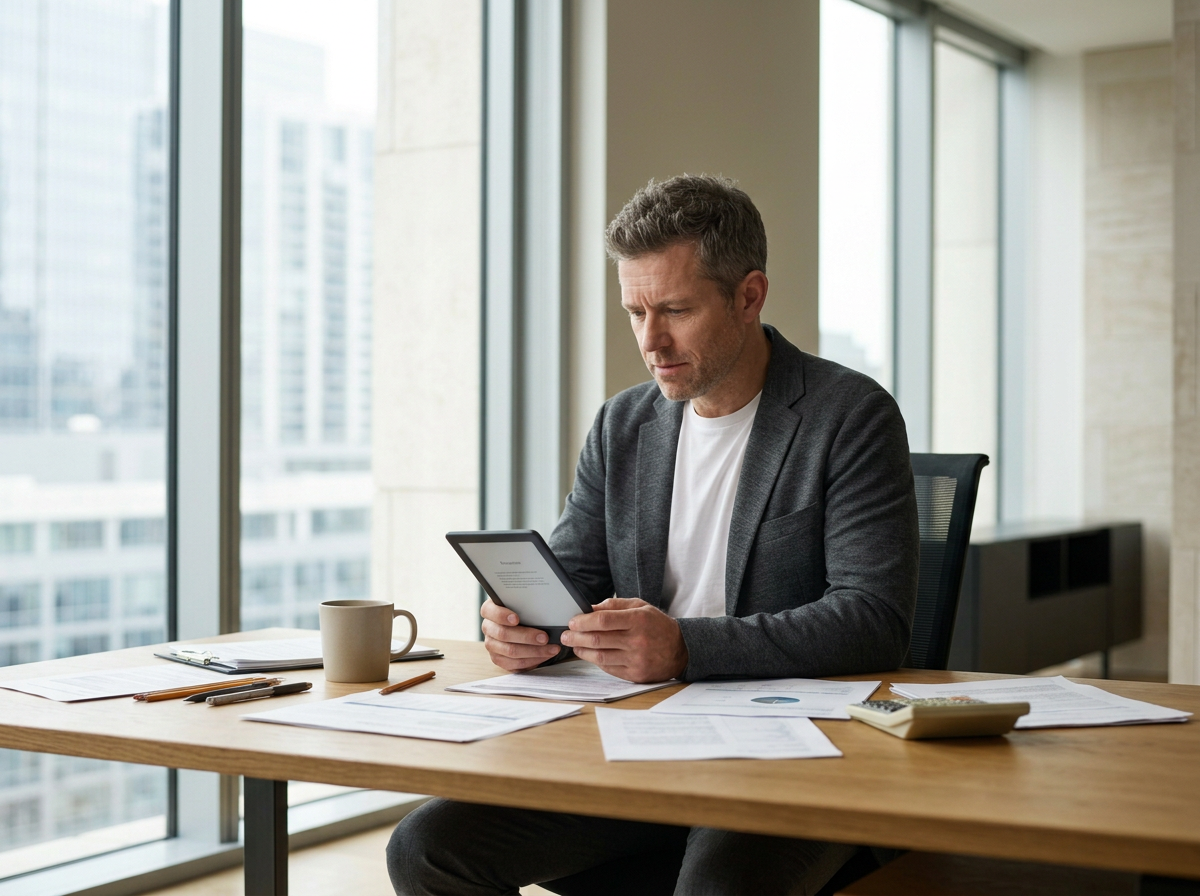 A man in a gray blazer and white t-shirt sitting at a wooden desk in an office, looking at an e-reader. The desk has papers, pens, a coffee mug, a calculator, and a notebook. Large windows reveal a cityscape with tall buildings.