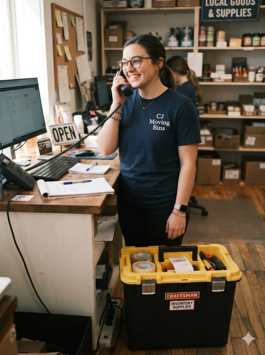 Customer service rep for CJ Moving Bins answering a phone call at her desk