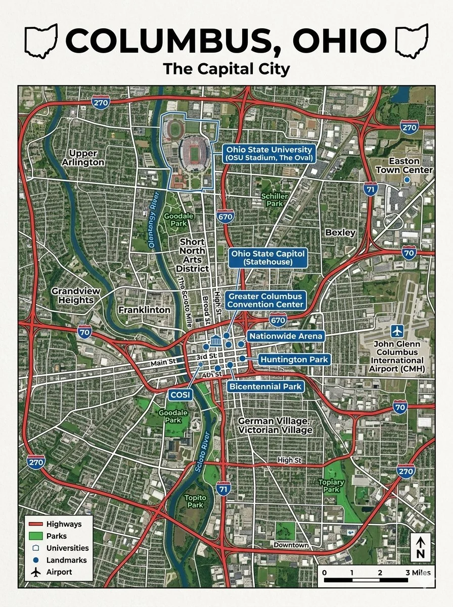 Map of Columbus, Ohio highlighting parks, universities, landmarks, highways, and the airport with labels for Ohio State University, Ohio State Capitol, Greater Columbus Convention Center, Nationwide Arena, Huntington Park, Bicentennial Park, and locations in the city.