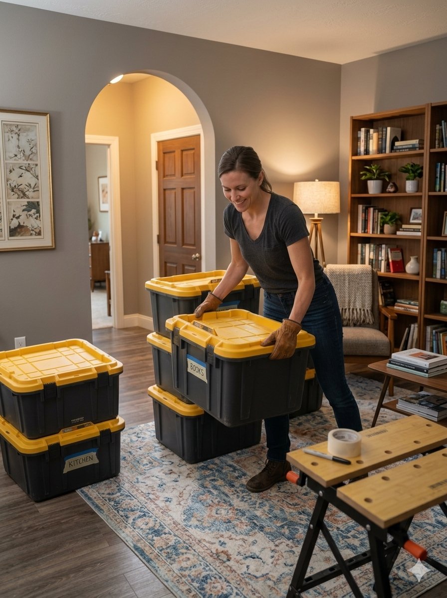 A woman packing moving boxes labeled 'Books' and 'Kitchen' in a living room with hardwood floor, bookshelf, and framed artwork.