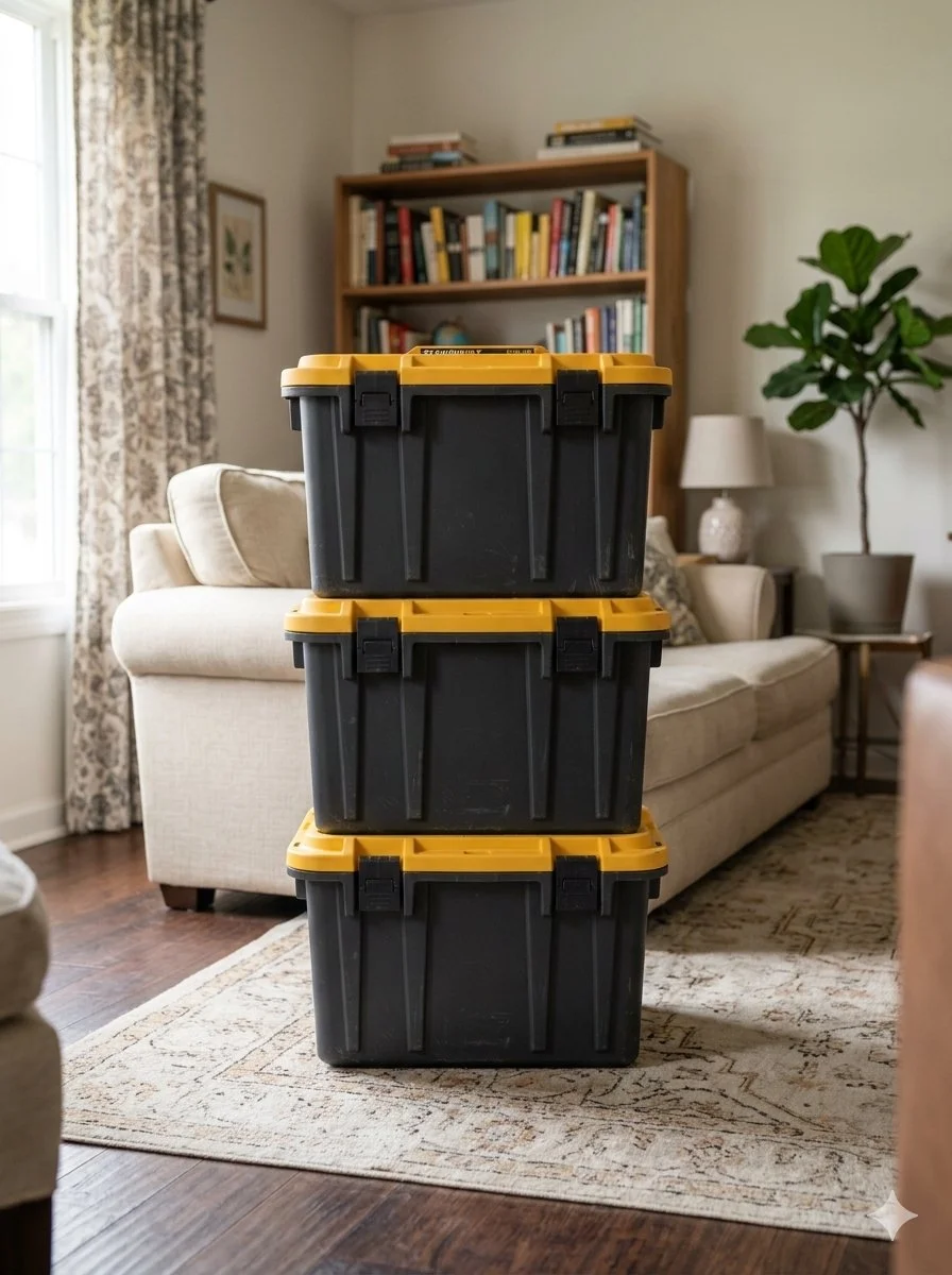 Stack of three black storage containers with yellow lids in a living room with a beige sofa, a window with curtains, a bookshelf, a potted plant, and a side table with a lamp.
