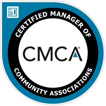 Certified Manager of Community Associations (CMCA) badge with black, white, and blue design.