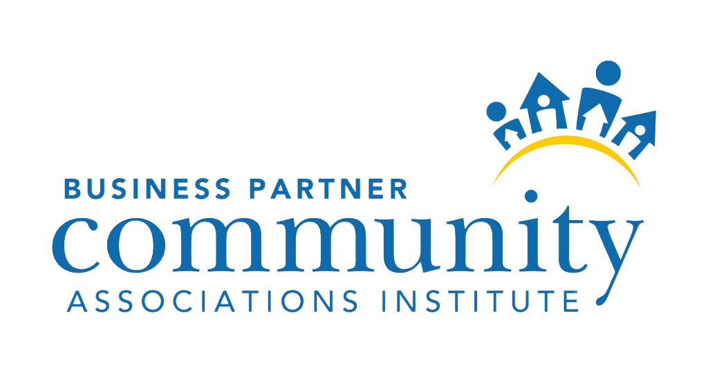 Logo for Business Partner Community Associations Institute, featuring a stylized illustration of five houses and five people on a yellow arc.