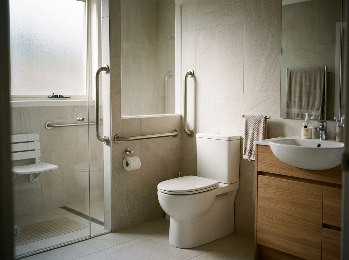 A modern bathroom featuring a walk-in shower with a transparent door, a white toilet, a wooden vanity with a white sink, and a large mirror on the wall. The bathroom has beige tiled walls and floors, a towel hanging beside the sink, and a window allowing natural light to enter.