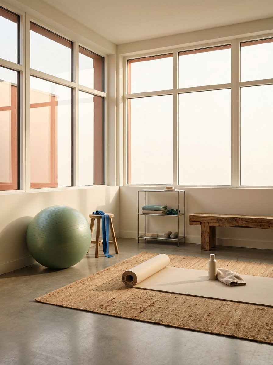 Empty yoga studio with large windows, exercise ball, rolled yoga mat, water bottle, and towel.