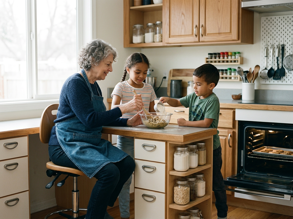 A grandmother and two children baking together in a kitchen. The grandma is stirring a bowl, while the children add ingredients. The kitchen has wooden cabinets, a countertop, and baking jars.