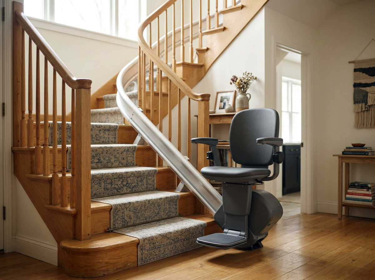 A stairlift is installed on a wooden staircase in a bright living room, with a gray chair mounted on a metal rail for assisting mobility.