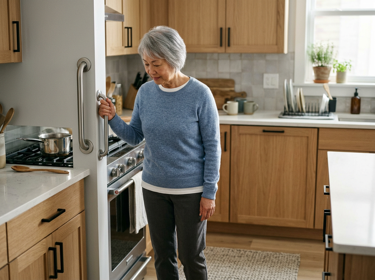An elderly woman with gray hair in a blue sweater and dark pants standing in a modern kitchen, holding onto a door handle, with a pot on the stove and kitchen cabinets around her.