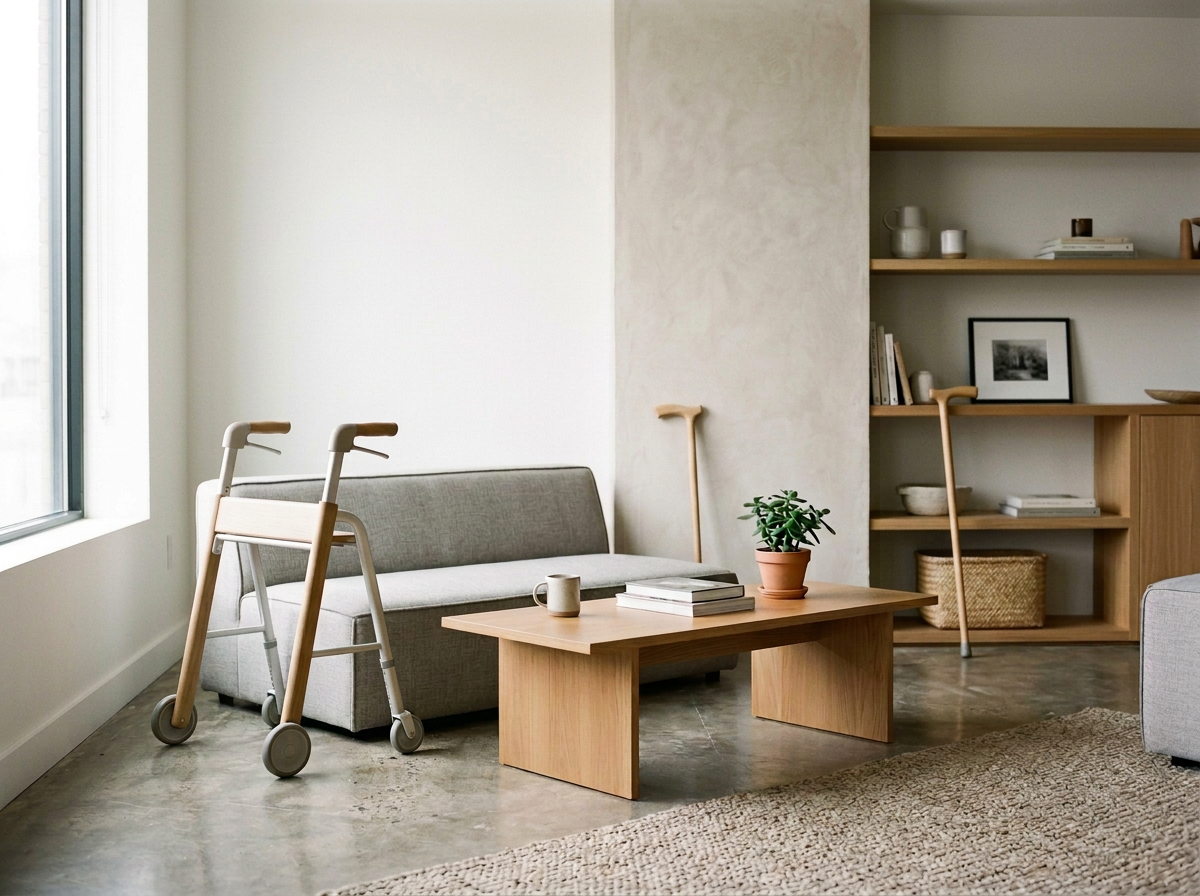 Modern minimalist living room with a walker, gray sofa, wooden coffee table, potted plant, and built-in shelves.