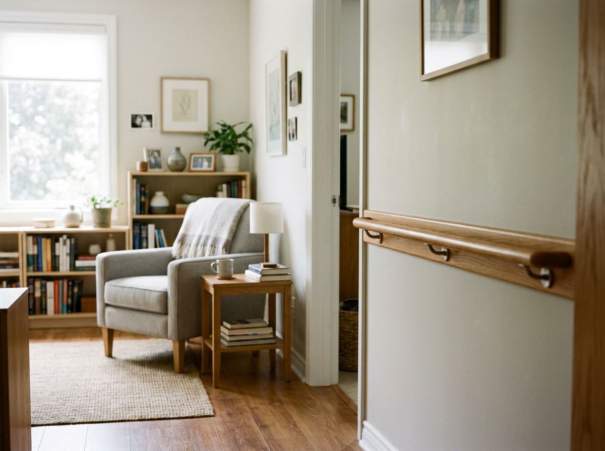 Living room with a gray armchair, a small wooden side table with books, a lamp, and a mug, a bookshelf with books and decorative items, a window with sunlight, and framed pictures on the wall.