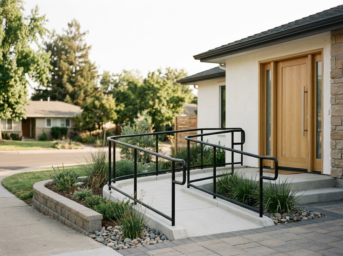 Front entrance of a house with a wooden door, accessible ramp with black handrails, and landscaped garden with plants and small rocks.