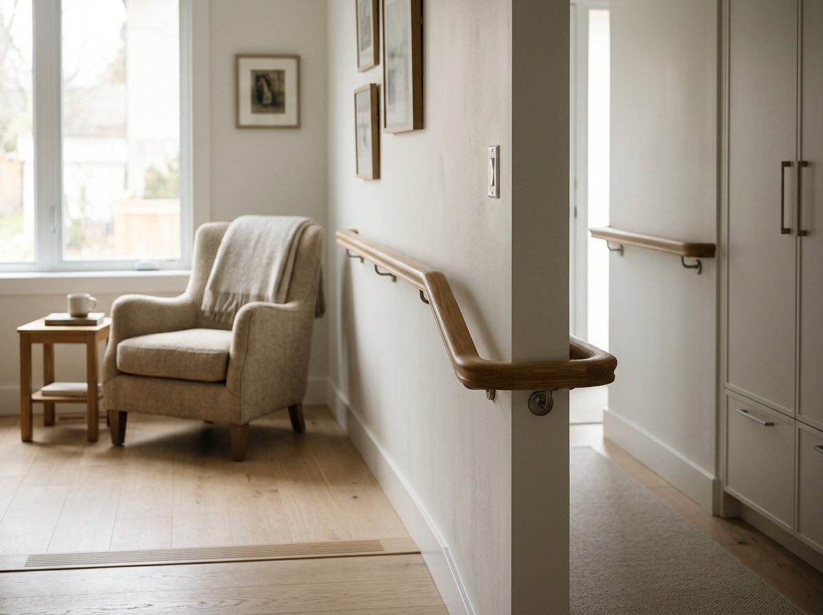 A cozy corner with a beige armchair draped with a throw blanket, a small wooden side table with a coffee mug and a book, and framed pictures on the wall near a large window with natural light.
