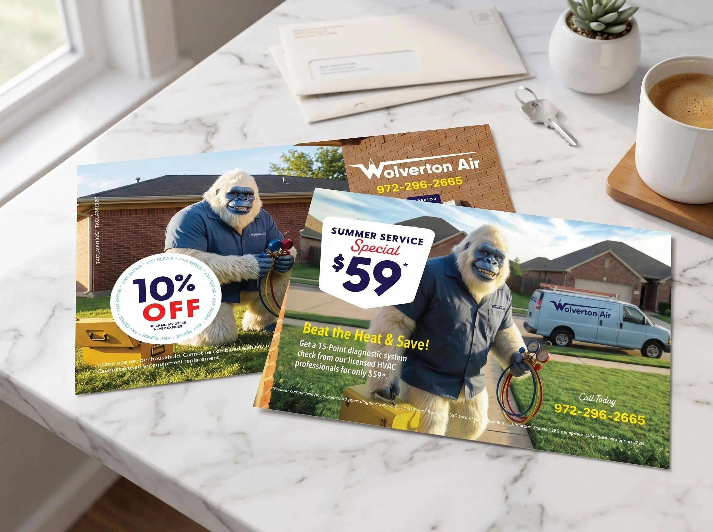Flyer advertising Wolverton Air HVAC services with discount offers, featuring a person in a gorilla mascot costume holding air conditioning tools, standing outdoors with a residential house and truck in the background.