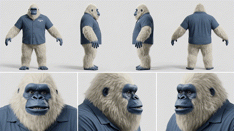 A collection of mascot costumes resembling a gorilla and a yeti, shown from various angles.