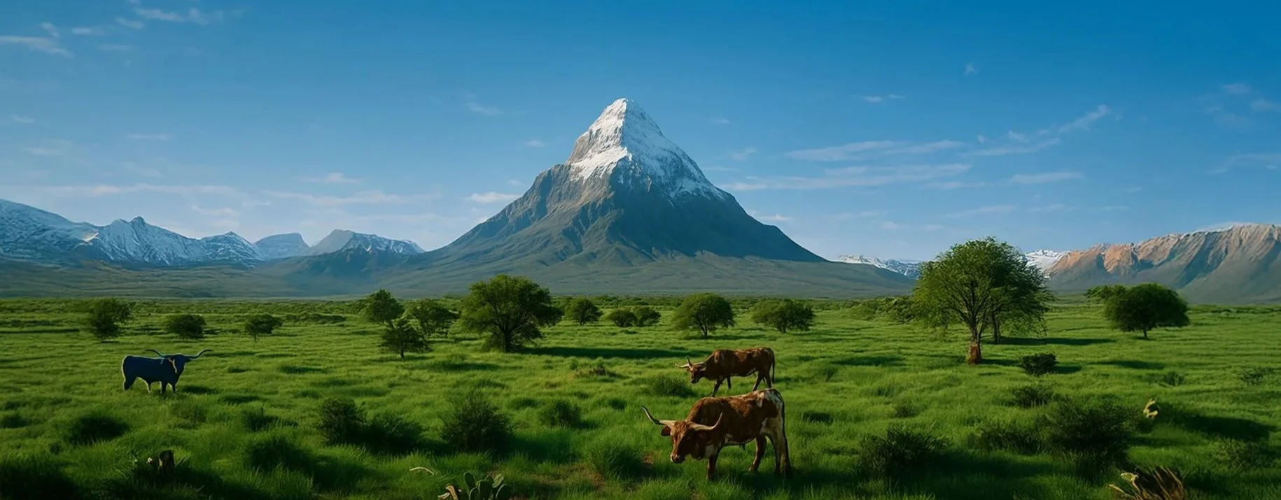 A mountain with a snow-capped peak in a lush green valley with cows grazing, trees, and a clear blue sky.