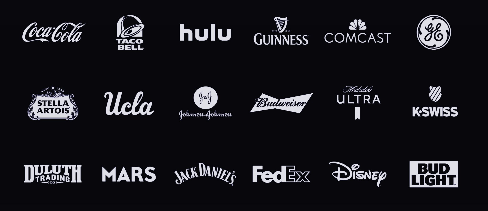 A collection of various brand logos displayed on a black background, including Coca-Cola, Taco Bell, Hulu, Guinness, Comcast, GE, Stella Artois, UCLA, Johnson & Johnson, Budweiser, Michelob Ultra, K-Swiss, Duluth Trading Co, Mars, Jack Daniel's, FedEx, Disney, and Bud Light.