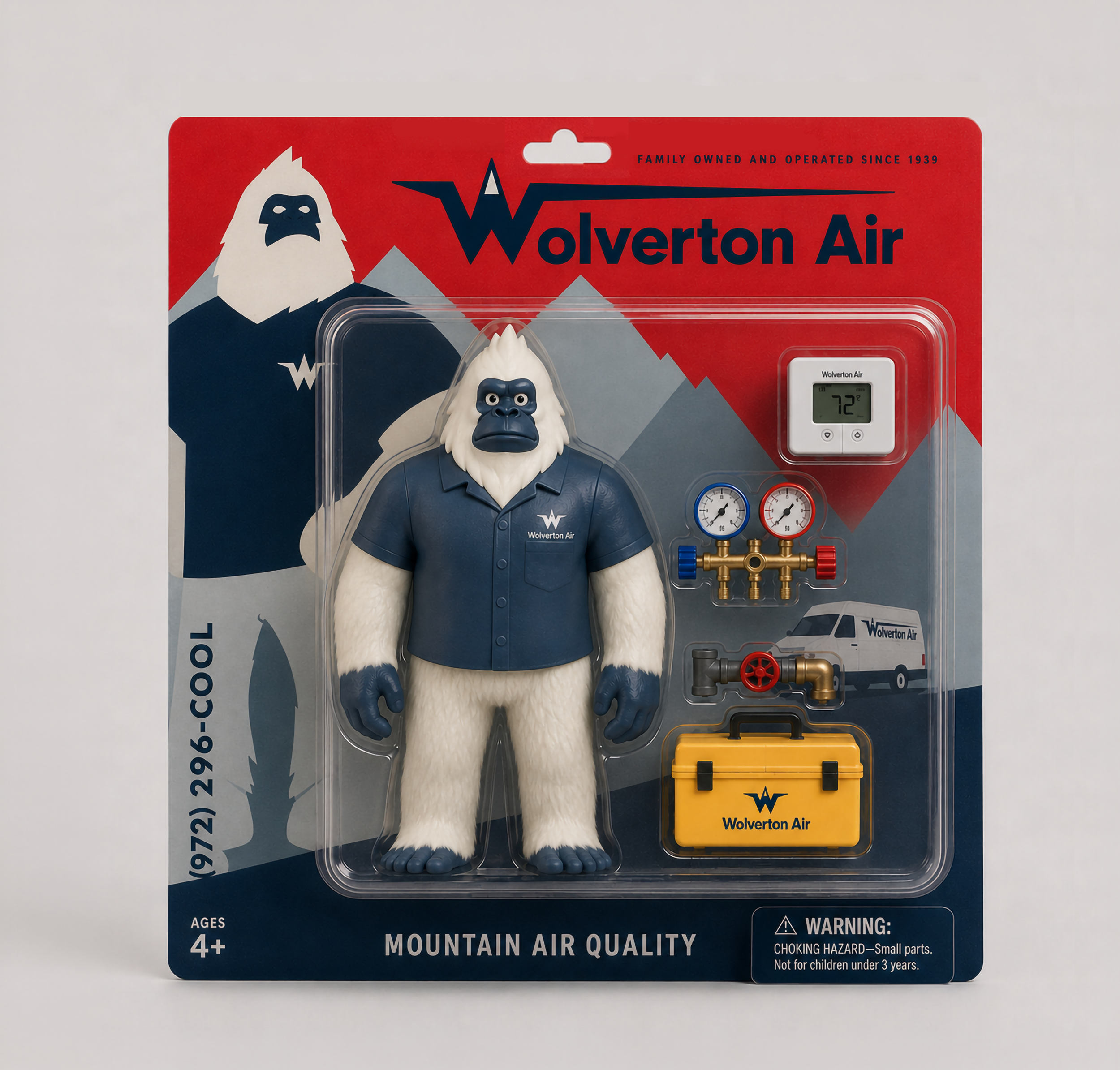 A Wolverine Air branded mountable figurine of a white gorilla wearing a blue pilot uniform, included with airplane parts, and a small yellow toolbox, in packaging with Mountain Air branding, and a digital thermometer displaying 72°F.
