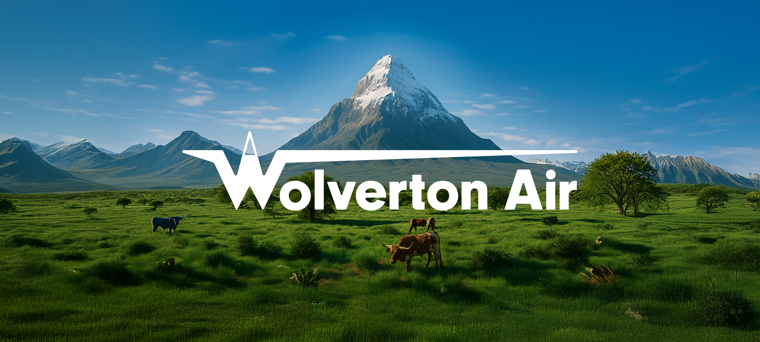 Scenic landscape featuring a tall snow-capped mountain, green fields with grazing cows, trees, and a partly cloudy blue sky, with the 'Wolverton Air' logo overlayed.