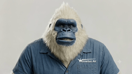A person dressed in a gorilla costume wearing a blue uniform shirt with 'Wolverton Air' logo.