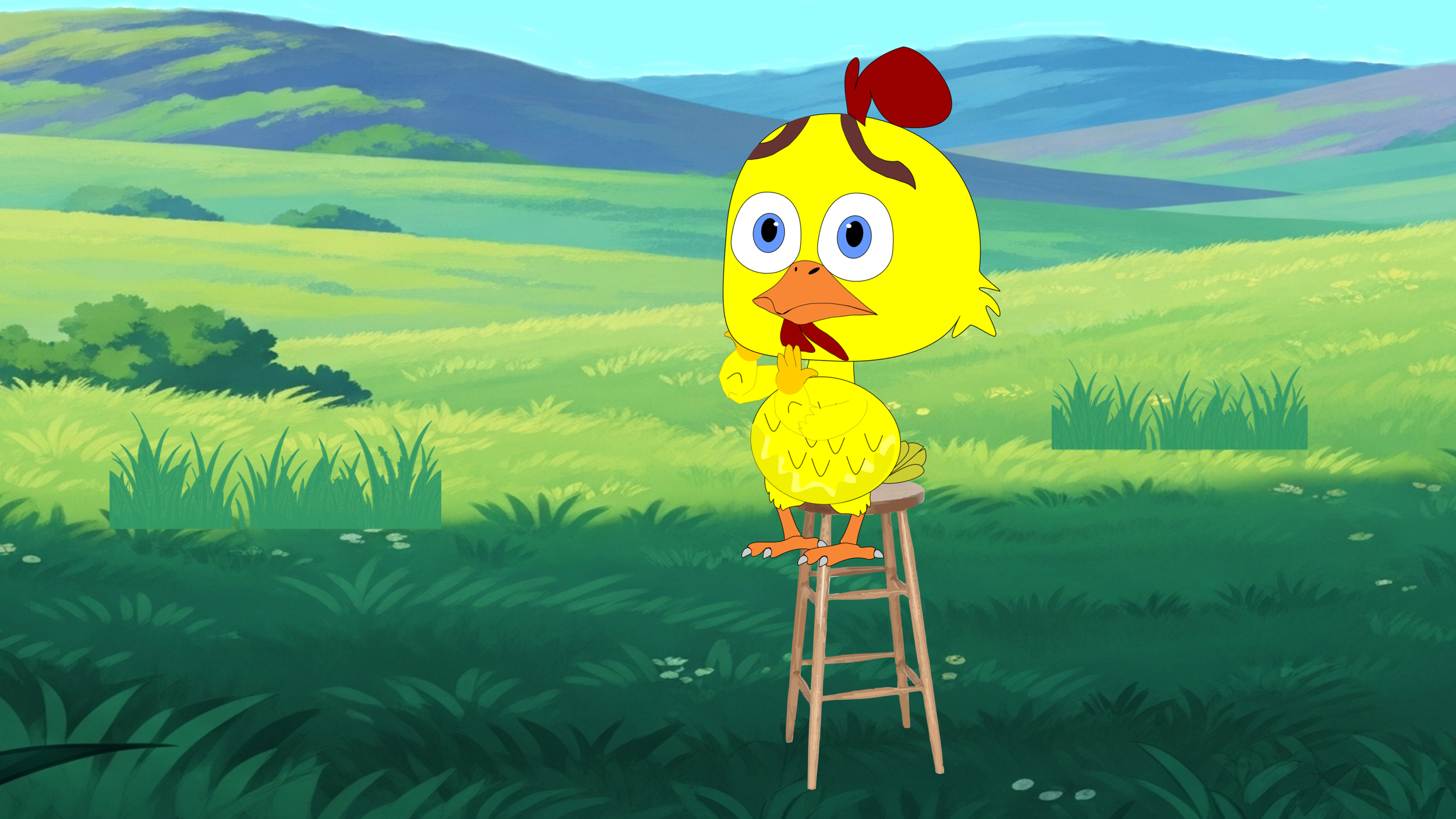 A cartoon chick standing on a wooden stool with its hands pressed together in a prayer position in a green field with rolling hills and a blue sky in the background.