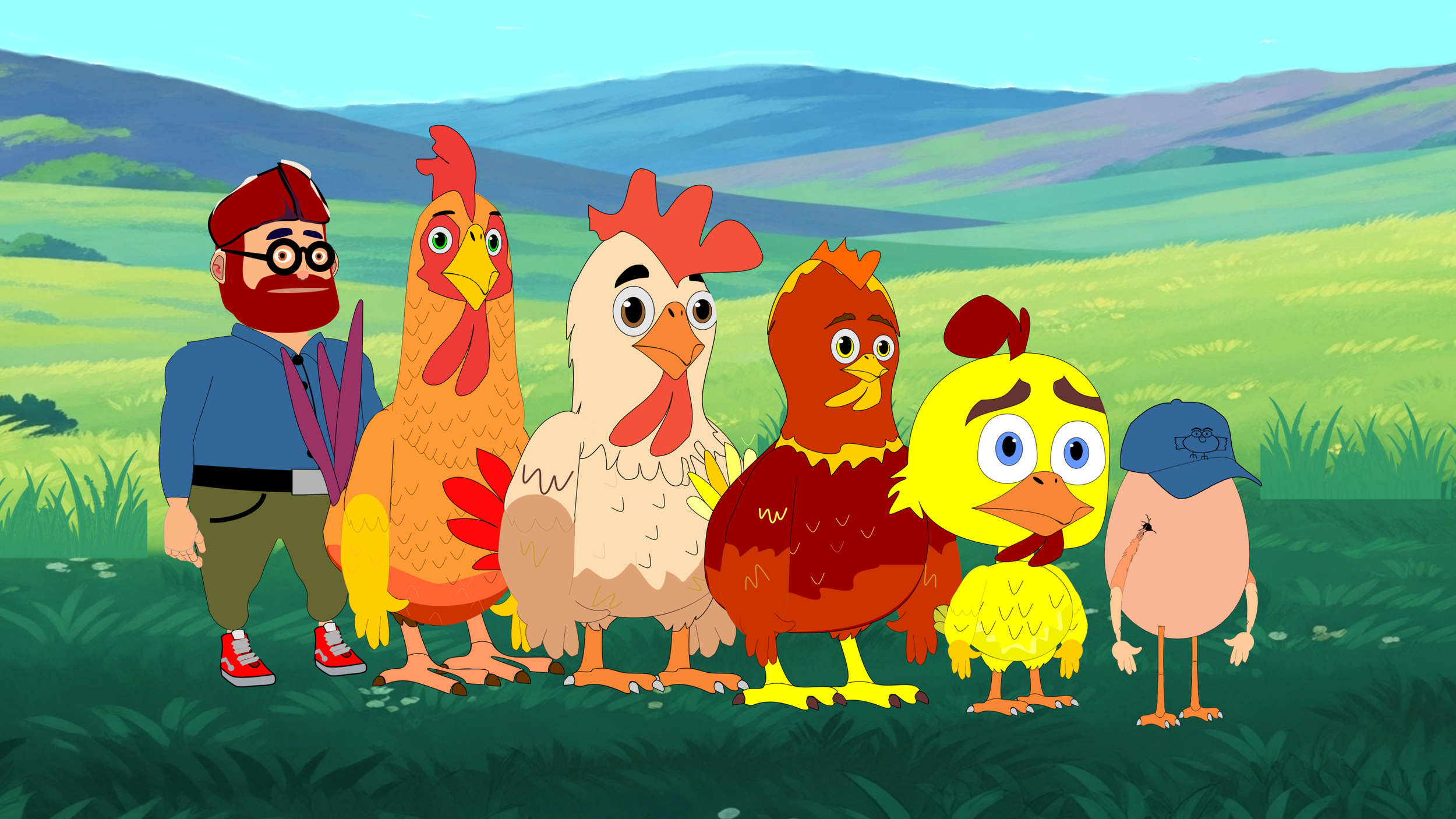Animated characters of a man with glasses and a beard, and various cartoon chickens standing in a grassy field with hills in the background.