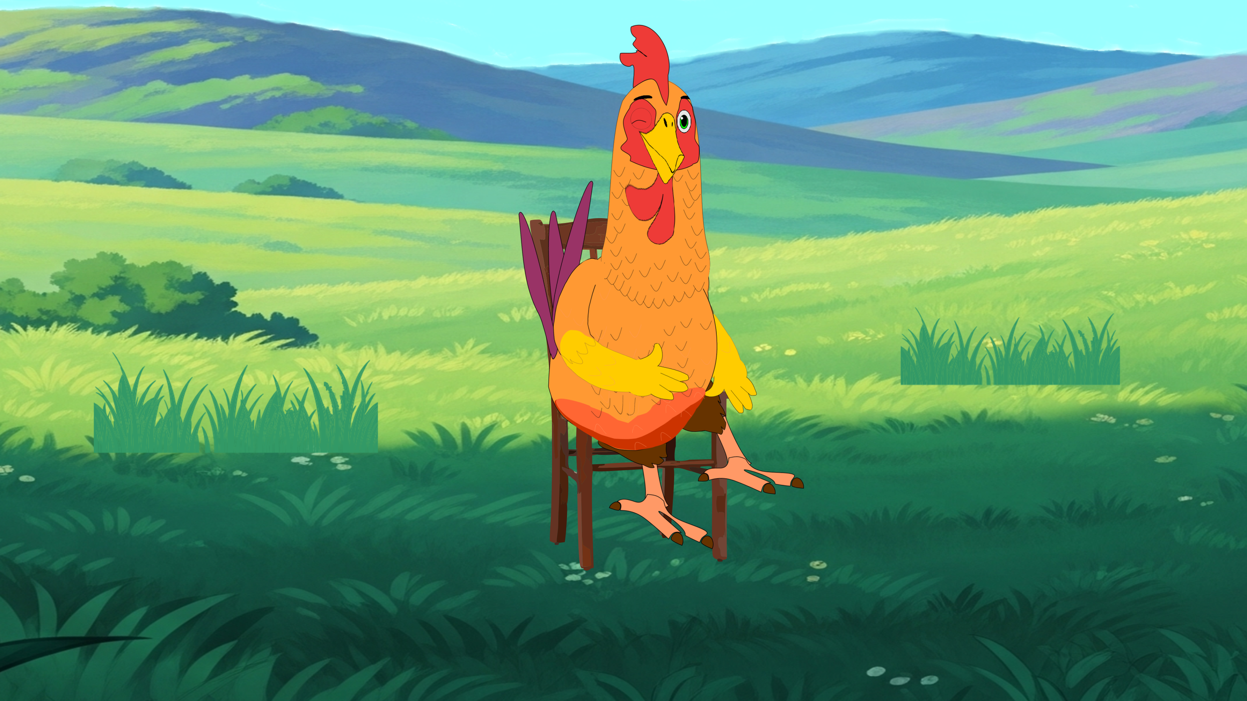 Animated scene of a talking rooster sitting on a chair in a green field with hills and trees in the background.