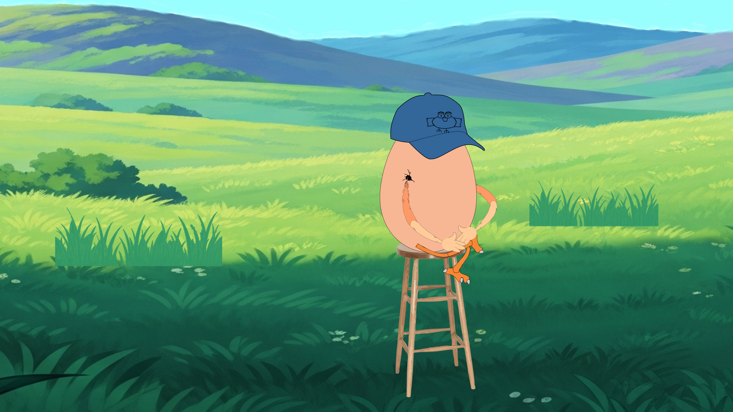 A cartoon egg sitting on a wooden stool in a lush green countryside with rolling hills and blue sky.