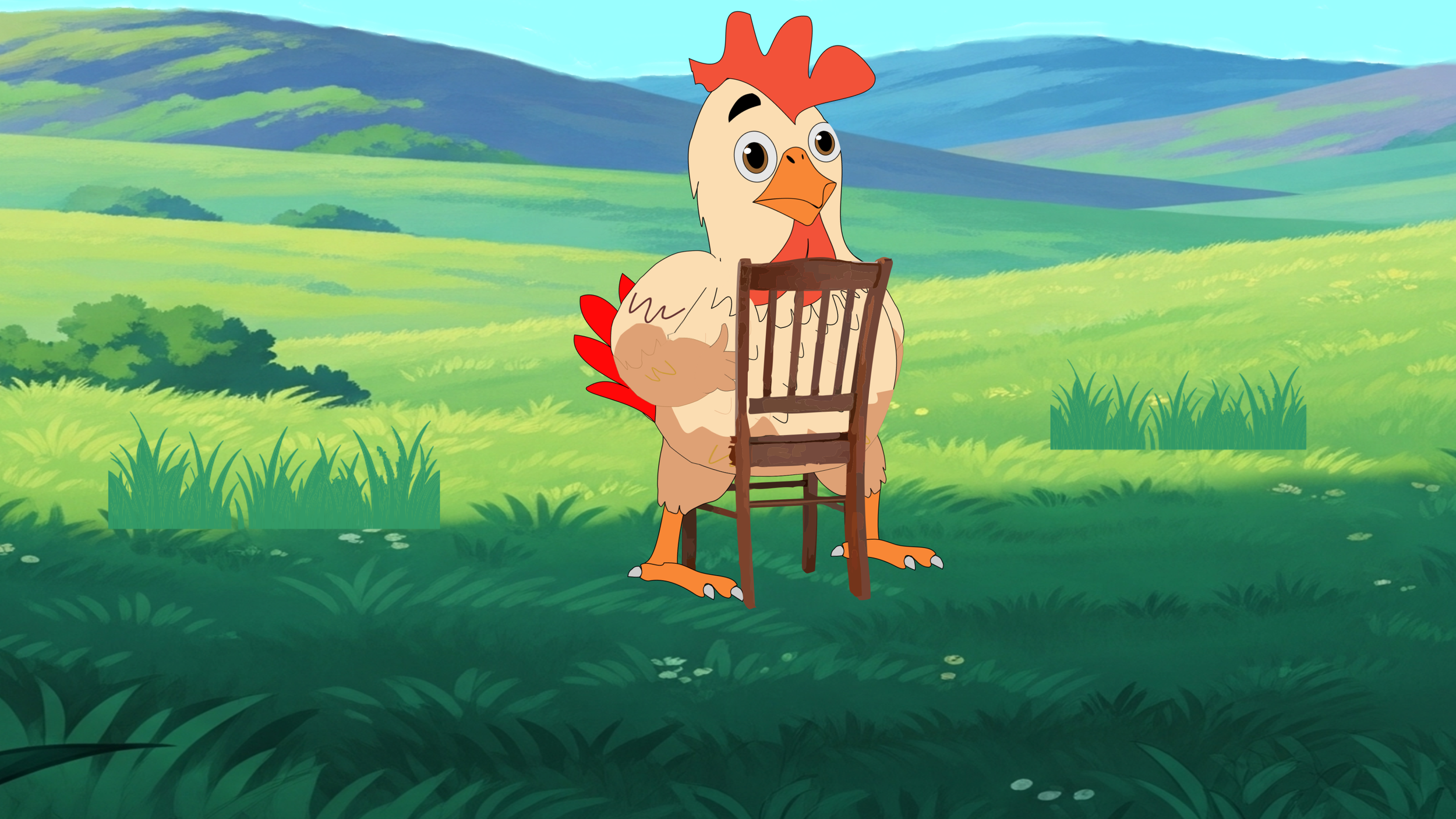 A cartoon rooster with a red comb and feathers standing outdoors in a lush green field, holding a wooden chair in its wings, with rolling hills and a blue sky in the background.
