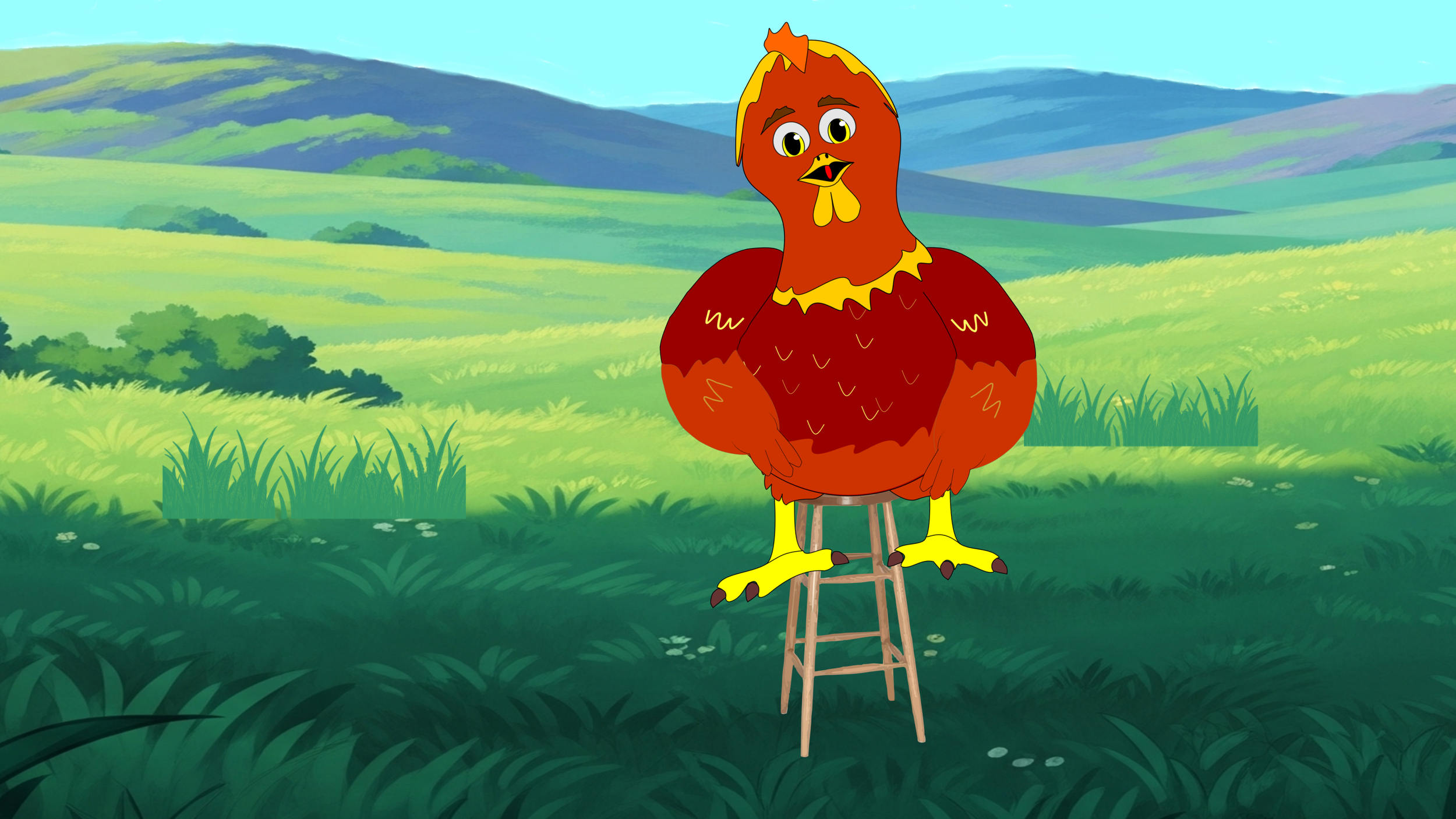 An animated cartoon chicken with a human-like face and expression, sitting on a stool in a lush green field with rolling hills in the background.