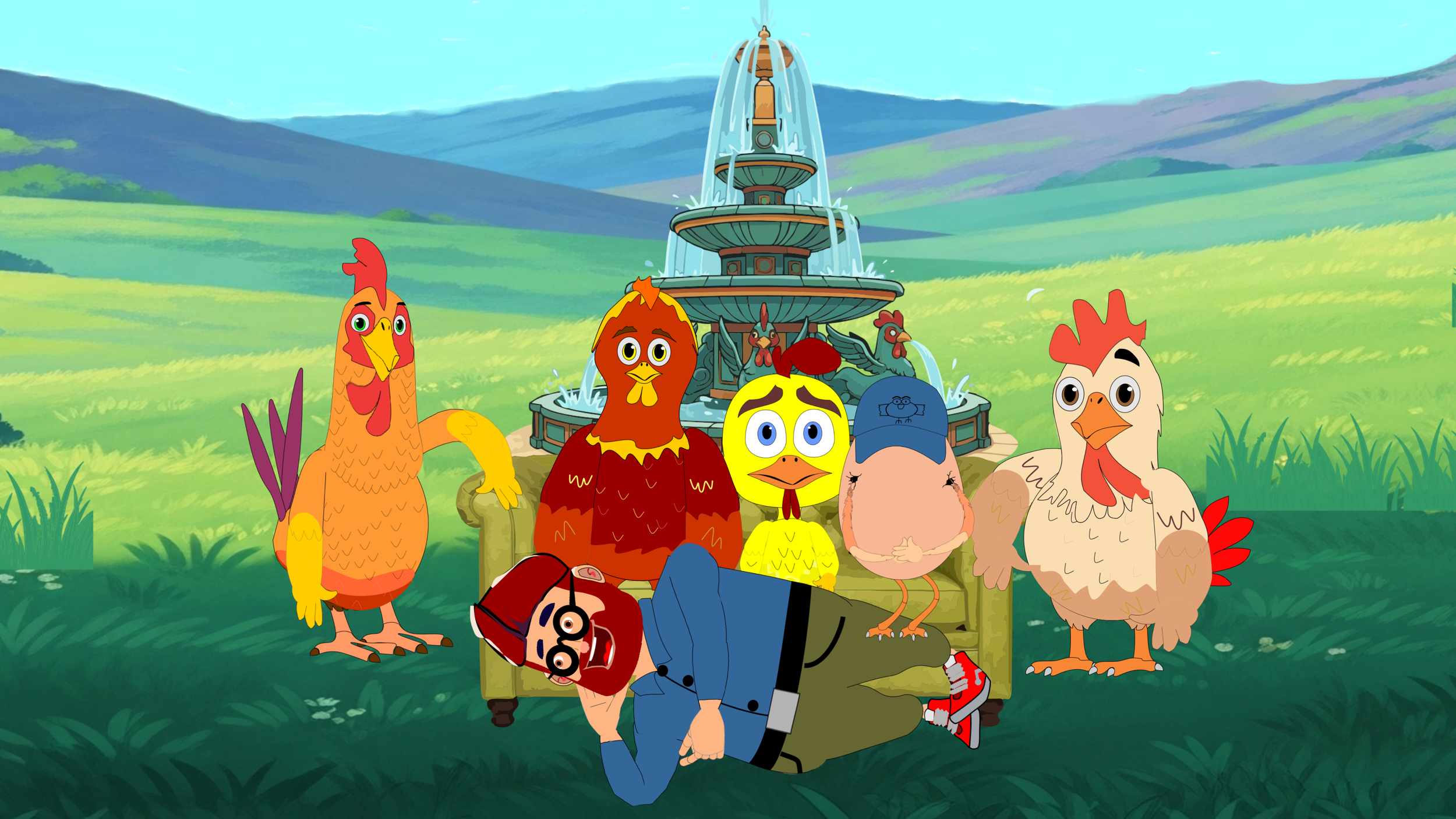Animated scene featuring cartoon chickens and a man lying on the ground in front of a fountain with a scenic background of fields and mountains.