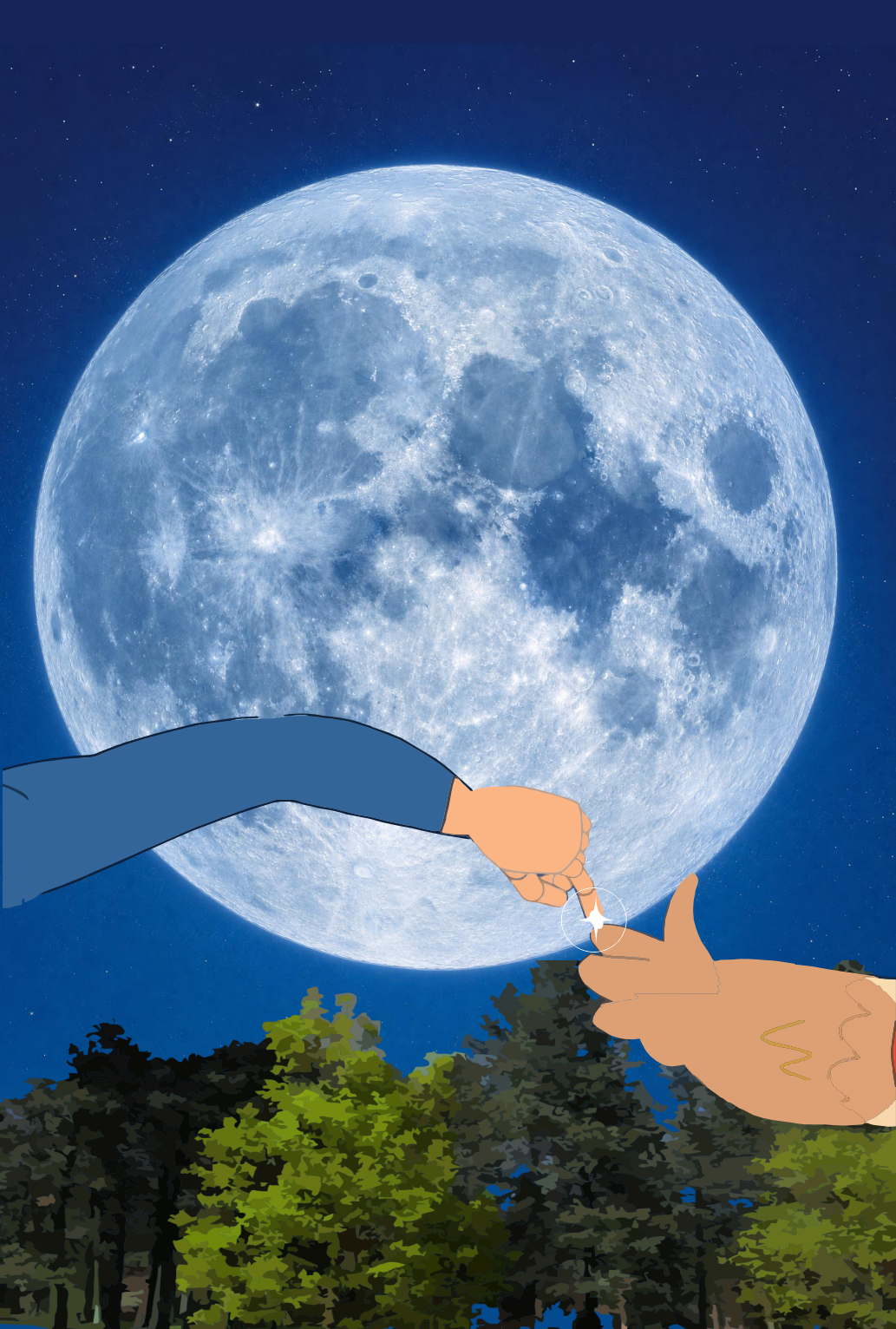 Illustration of two hands exchanging a ring in front of a large full moon in the night sky, with trees in the foreground.