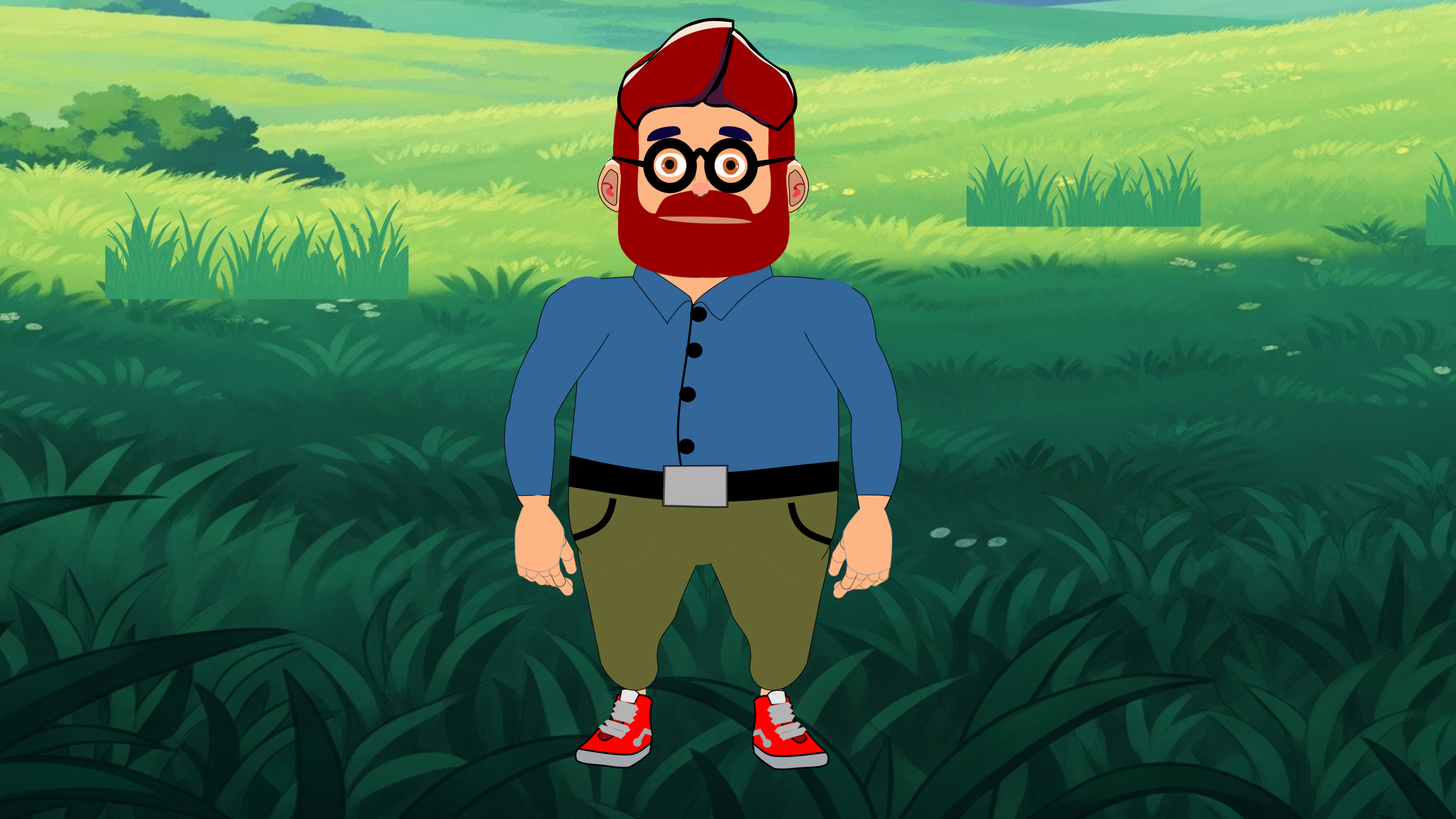 Animated character with a beard and glasses standing outdoors in a green grassy field.