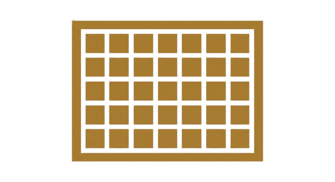 A gold calendar showing squares a month and the squares to represent each day of a month.