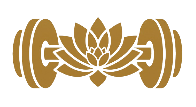 Gold lotus flower with barbells on each side to represent RECONNECT.