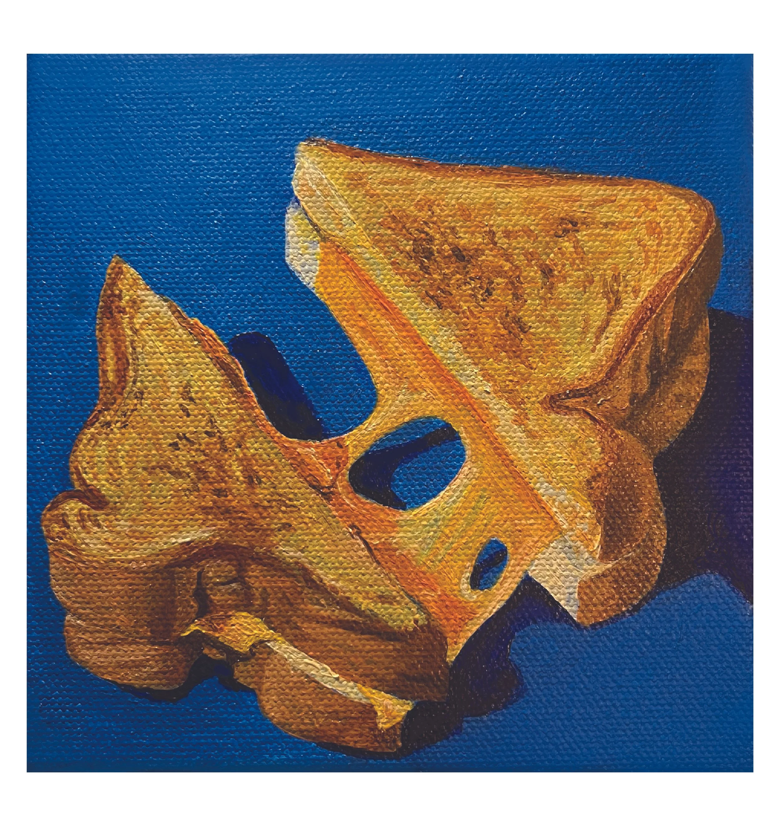 A painting of a grilled cheese sandwich on a blue background.