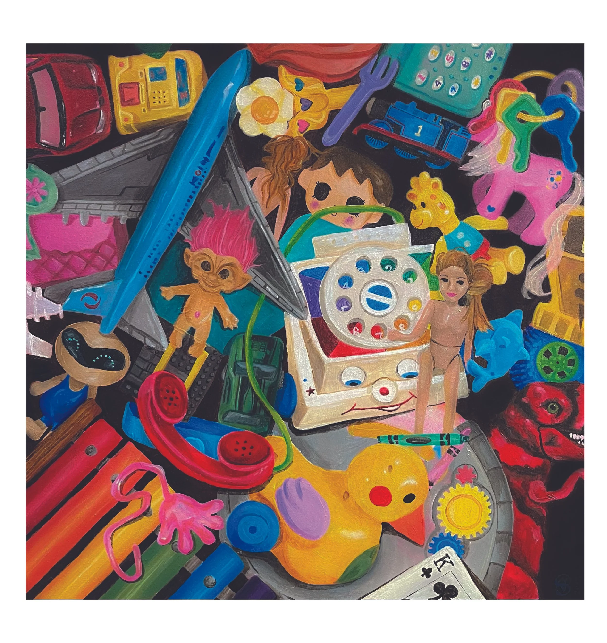 Colorful painting depicting a variety of objects including cartoonish animals, flowers, a toy train, a purple fork, a hand mirror, a remote control, a paint palette, scissors, a pink unicorn, and a playing card among vibrant and lively colors.