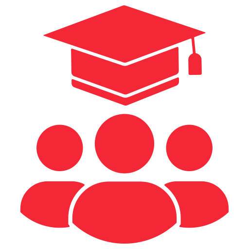 Icon of a graduation cap above three stylized human figures, representing education or learning community.