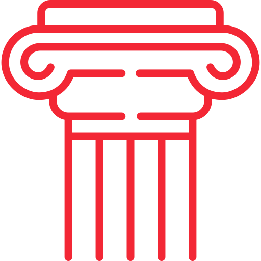 Red outline of a classical Greek or Roman column with a decorative capital and fluted shaft.