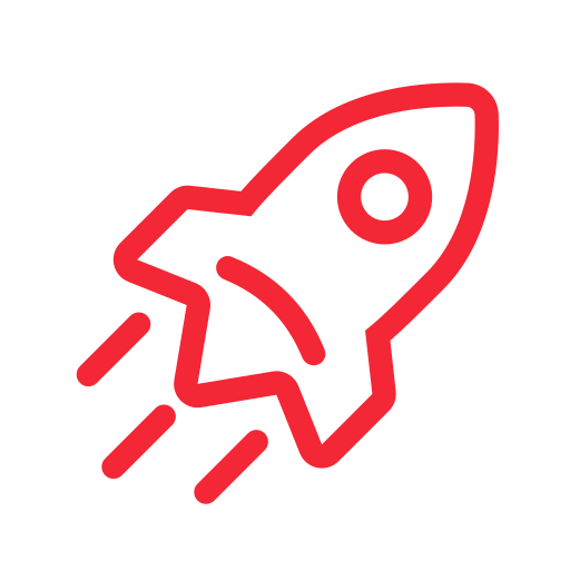 Red line drawing of a rocket ship taking off with smoke trails.