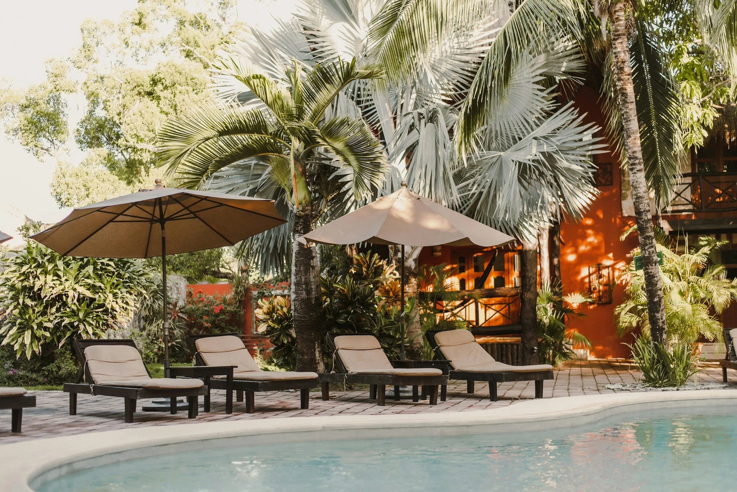 Poolside scene with beige lounge chairs and umbrellas surrounded by lush greenery and tall palm trees at a tropical resort.