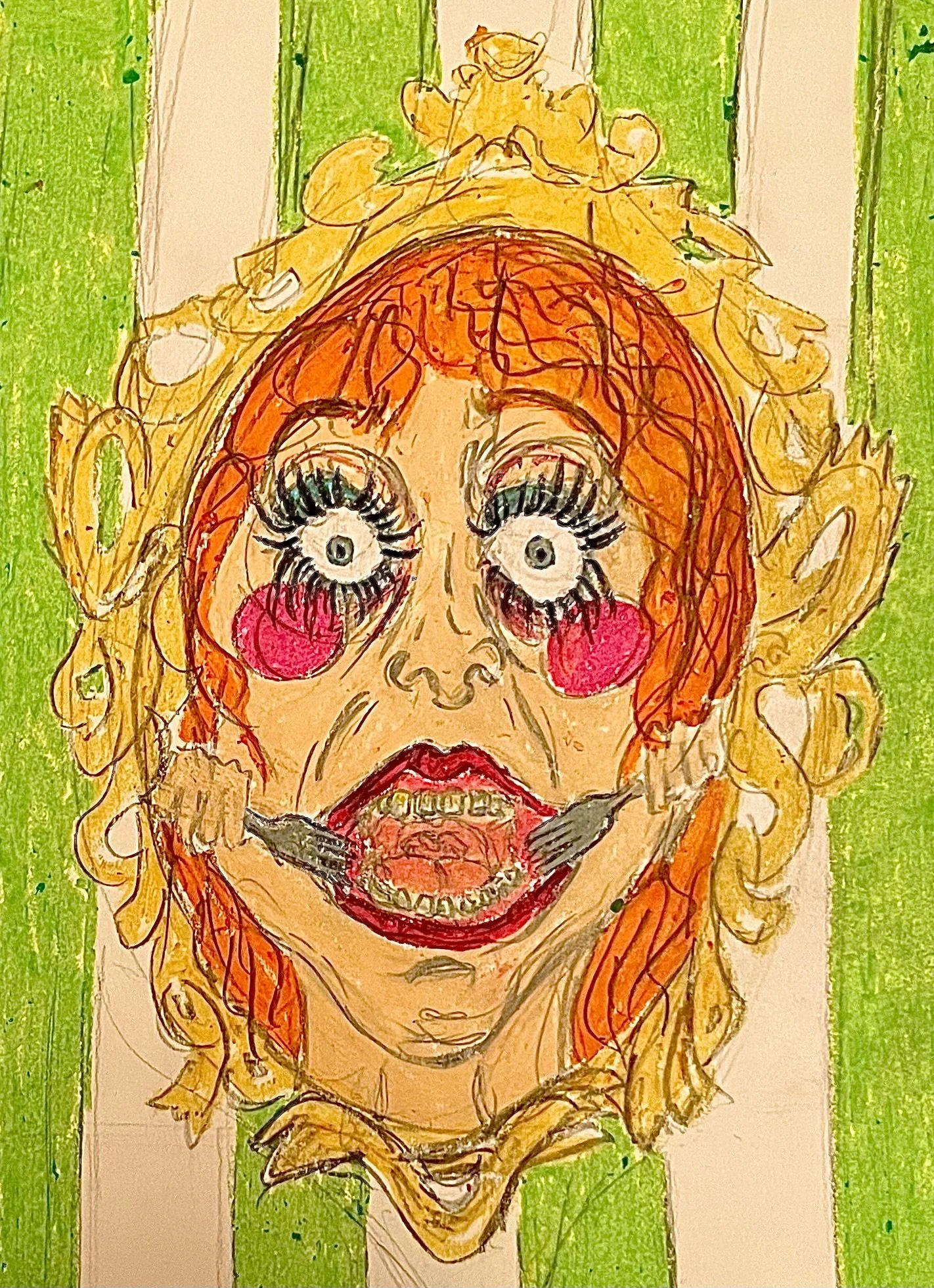 A colorful drawing of a woman with long curly hair, large eyes with long eyelashes, bright pink cheeks, red lips, nostrils, and a wide smile showing teeth. The background consists of green and beige vertical stripes.