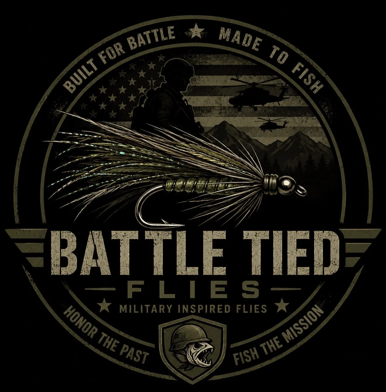 A logo for Battle Tied Flies, featuring a silhouette of a soldier, a fishing fly, mountains, helicopters, and American flag elements, with text promoting honor, the past, and fishing. Military-inspired design.